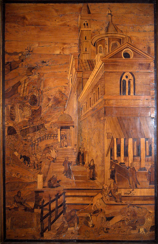 Marqueterie d'une scène de village